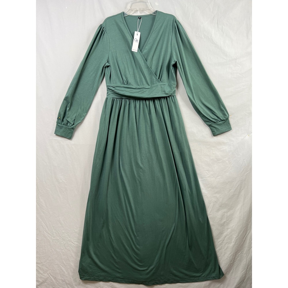 OUGES Maxi Dress Women Medium Green Long Sleeve Wrap V-Neck Jersey Pockets